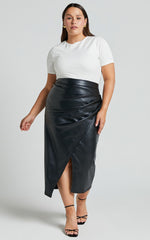 Gena Midi Skirt - Split Faux Leather Skirt in Black