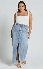 Kira Midi Skirt - Front Split Denim Skirt in Light Blue Wash