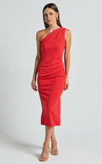 Monette Midi Dress - One Shoulder Straight Dress in Orange Red
