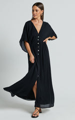 Sitting Pretty Maxi Dress - Short Sleeve Button Down Dress in Black