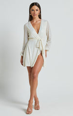 Three Of Us Mini Dress - Long Sleeve Wrap Dress in White Sequin