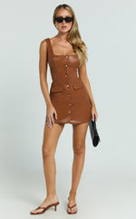 Nami Mini Dress - Faux Leather Square Neck Gold Button Dress in Camel
