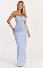 Phoebe Maxi Dress - Strapless Structured Bodice Drape Skirt Dress in Soft Blue