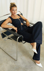 Emman Jeans - High Waisted Cotton Wide Leg Denim Jeans in Raw Denim with Tobacco Stitch