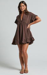 Calissa Mini Dress - Frill Hem Smock Dress in Chocolate