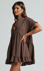 Calissa Mini Dress - Frill Hem Smock Dress in Chocolate
