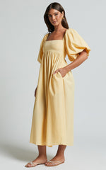 Cenia Midi Dress - Linen Straight Neck Shirred Back Puff Sleeve Dress in Lemon