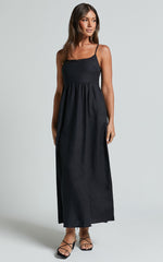 Kayrie Midi Dress - Strappy A Line Linen in Black