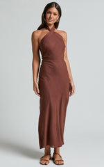 Maelynn Midi Dress - Linen Twist Halter Neck Low Back Slip Dress in Chocolate