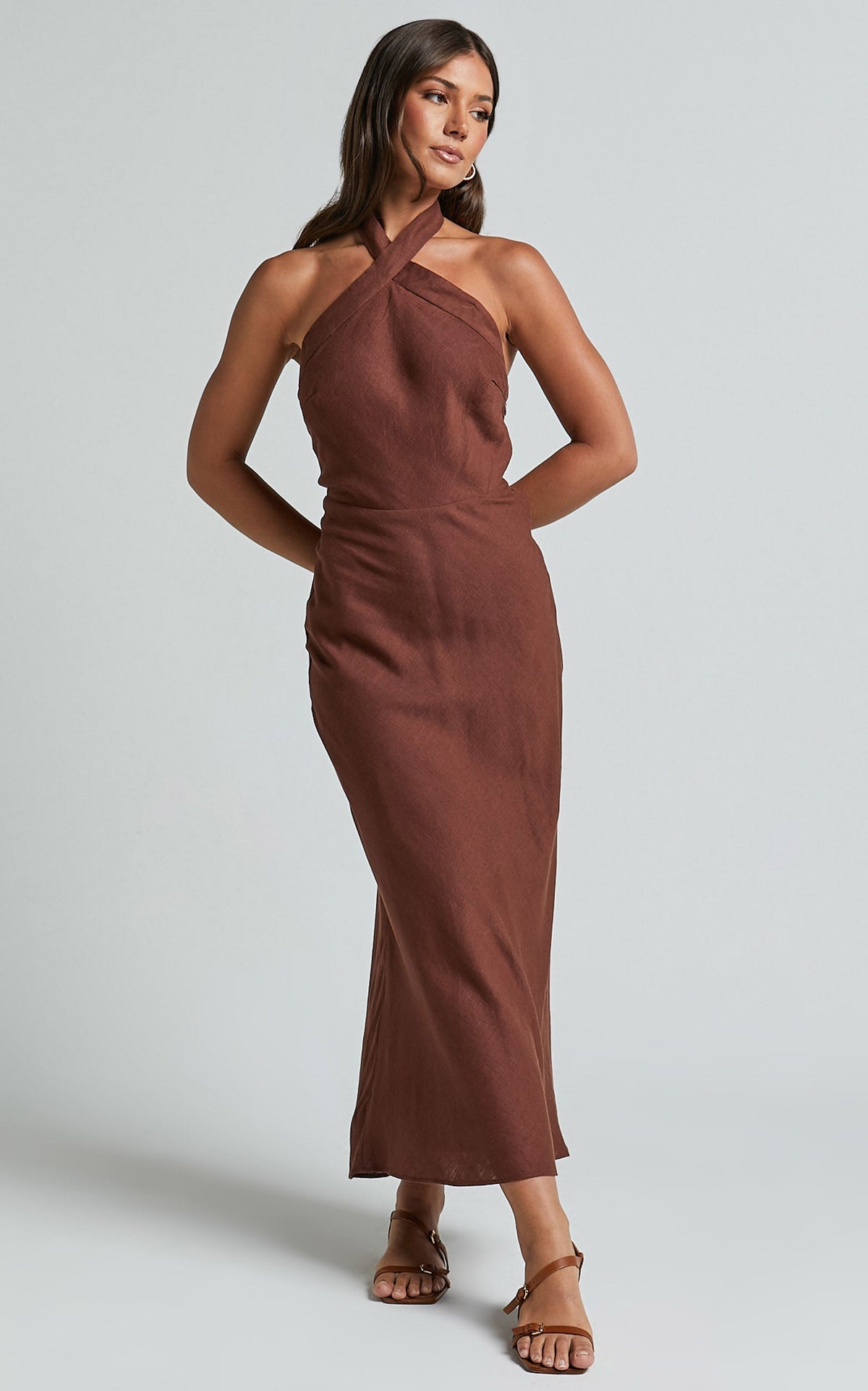 Maelynn Midi Dress - Linen Twist Halter Neck Low Back Slip Dress in Chocolate