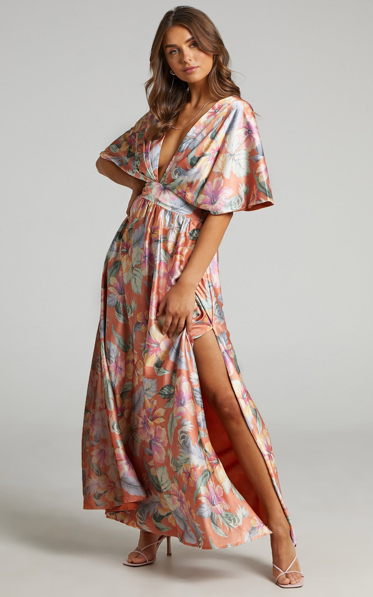 Sophia Maxi Dress - Plunge Neck Bat Wing Sleeve Dress in Multi Floral