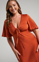 Nicholla Midi Dress - Ruched Front Angel Sleeve Slip Dress in Copper