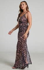 Zharina Midi Dress - Lace Up Front Sheer Dress in Leopard Print