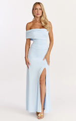 Opal Maxi Dress - Off Shoulder Gathered Bodice Fit And Flare Dress in Blue