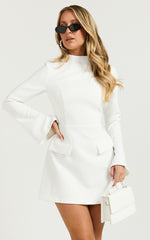 Carlson Mini Dress - High Neck Sleeve Cocoon Skirt Dress in White