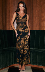 Dara Midi Dress - Low Neck Sleeveless Slip Dress in Amber Floral Print