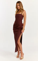 Jonas Maxi Dress - Strapless Corset Bodice Draped Waist Skirt Dress in Chocolate