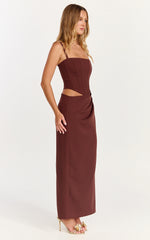 Jonas Maxi Dress - Strapless Corset Bodice Draped Waist Skirt Dress in Chocolate