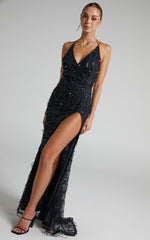 Maieth Maxi Dress - Drape Sequin Halter Cross Back Dress in Black