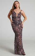 Zharina Midi Dress - Lace Up Front Sheer Dress in Leopard Print