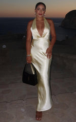 Prima Maxi Dress - Plunge Satin Dress in Butter Yellow