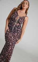 Zharina Midi Dress - Lace Up Front Sheer Dress in Leopard Print