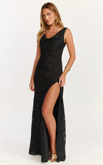 Rachel Maxi Dress - Cowl Neck Jacquard Front Split Dress in Black