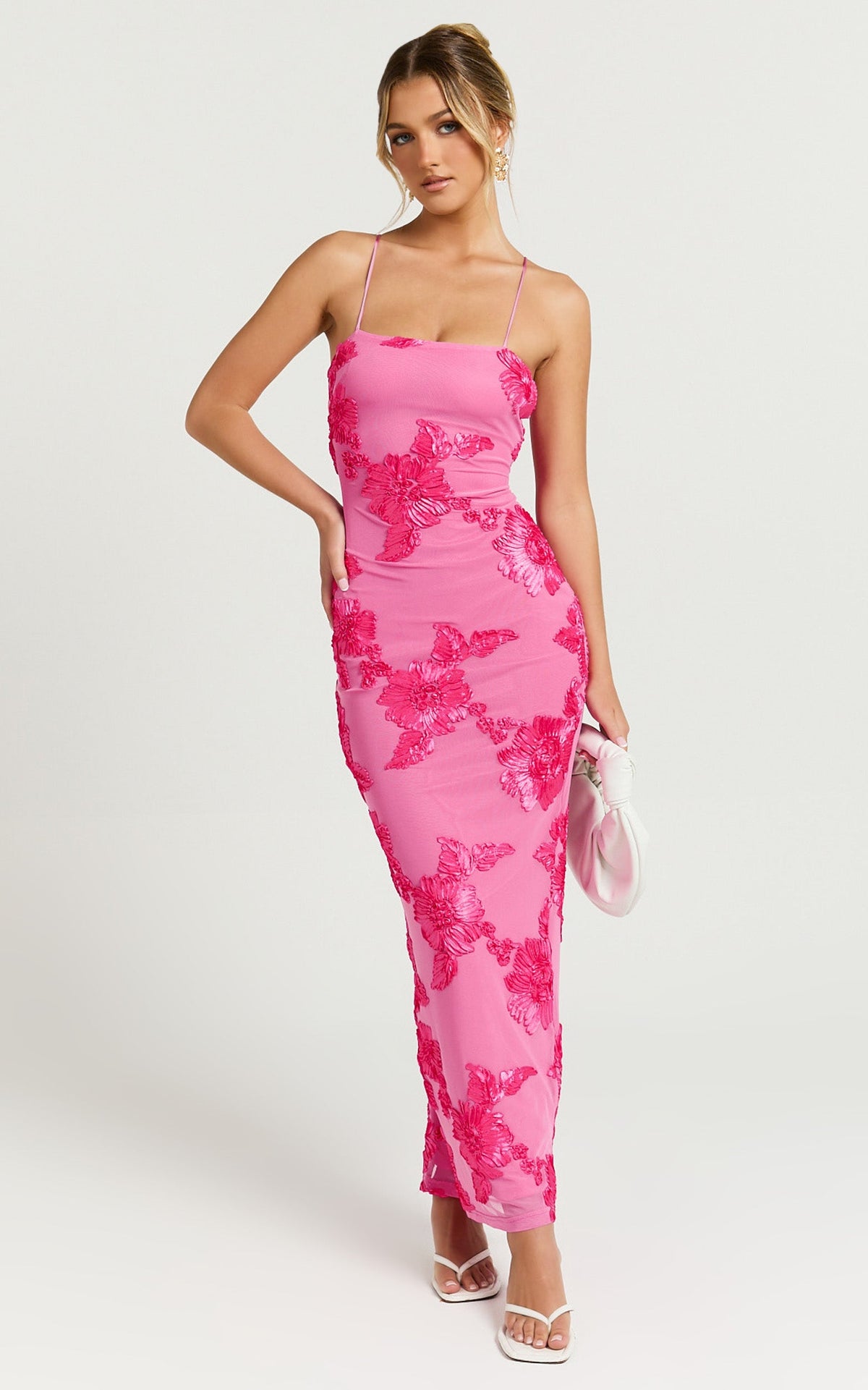 Mina Midi Dress - Embroidered Mesh Dress in Pink