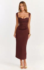 Kenna Maxi Dress - Gathered Bust Tucked Waist Dress in Chocolate