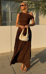 Yvonne Maxi Dress - Pleat Skirt Tip Shoulder Ruched Dress in Chocolate