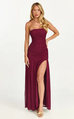 Lara Maxi Dress - Strapless Ruched Mesh High Leg Split Dress in Wine