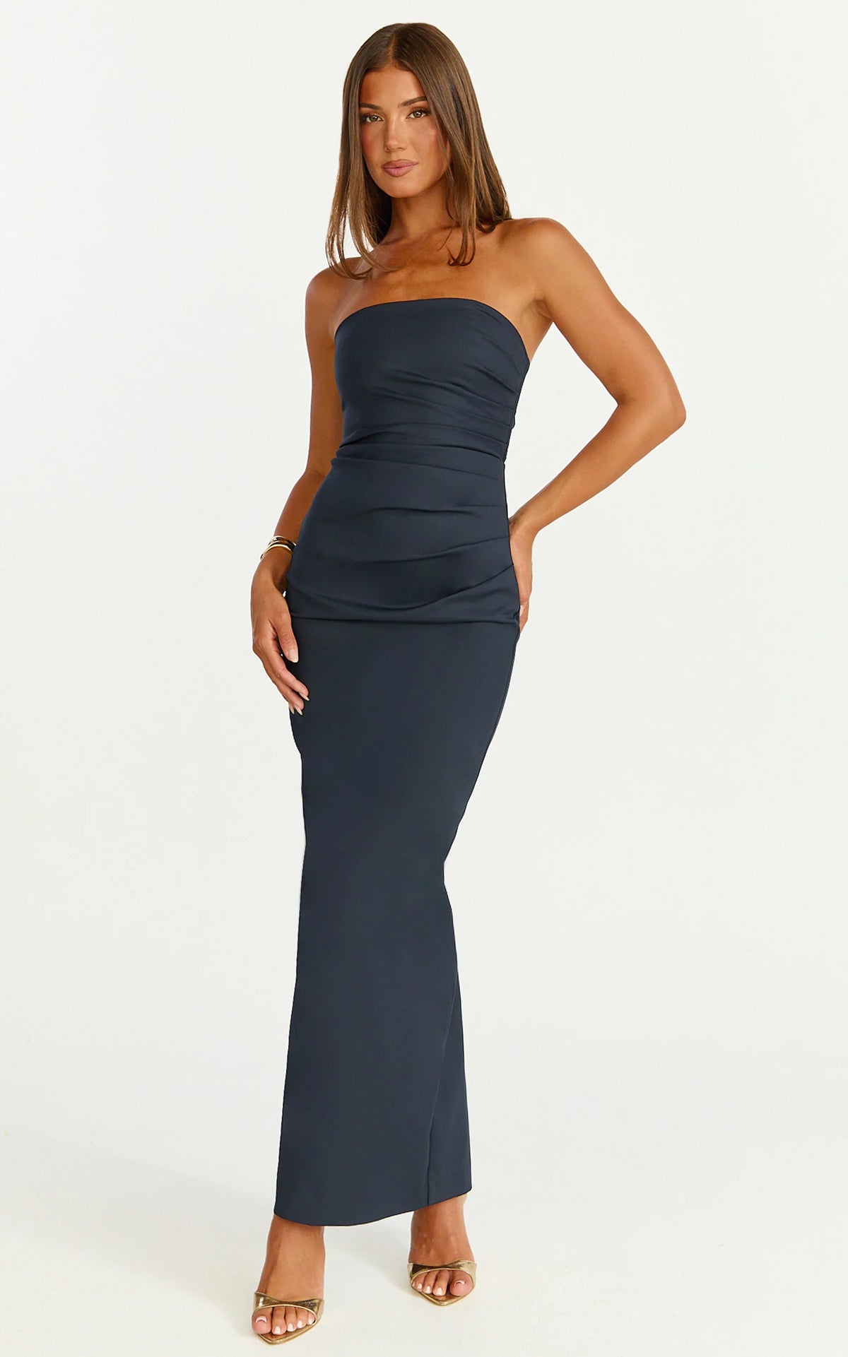 Jamie Maxi Dress - Strapless Ruched Fitted Column Dress in Navy