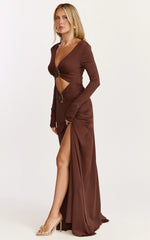 Sahara Maxi Dress - Long Sleeve Cut Out Gold Trim Dress in Chocolate