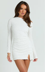 Abbie Mini Dress - Textured Jersey Tip Shoulder Ruched Bodycon Dress in White