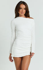 Abbie Mini Dress - Textured Jersey Tip Shoulder Ruched Bodycon Dress in White