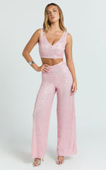 Abela Two Piece Set - Crop Top and Wide Leg Pants Set in Pink Sequin
