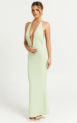 Ada Maxi Dress - Halter Plunge Textured Jersey Open Back Dress in Green