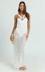 Adalia Maxi Dress - Strappy Hardware Rosette Trim Jersey Bodysuit Crochet Column Skirt Dress in Off White