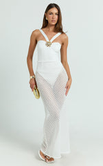 Adalia Maxi Dress - Strappy Hardware Rosette Trim Jersey Bodysuit Crochet Column Skirt Dress in Off White