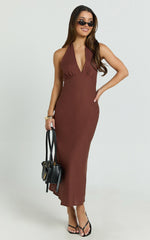 Adele Midi Dress - Halter Plunge Bias Cut Dress in Chocolate
