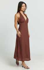 Adele Midi Dress - Halter Plunge Bias Cut Dress in Chocolate