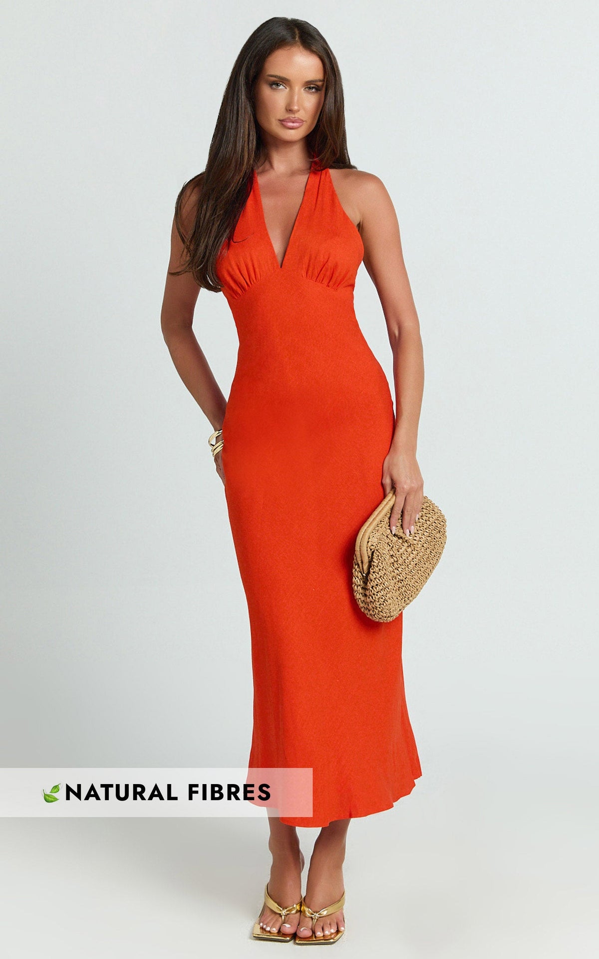 Adele Midi Dress - Halter Plunge Bias Cut Dress in Orange