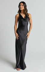 Adilah Maxi Dress - Cowl Neck Satin Dress in Black