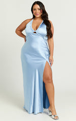 Adriene Maxi Dress - Satin Plunge Halter Dress in Dove Blue