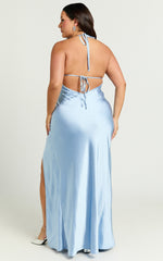 Adriene Maxi Dress - Satin Plunge Halter Dress in Dove Blue