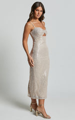 Agatha Maxi Dress - Sequin Twist Front Cut Out Dress in Gold