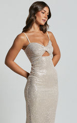 Agatha Maxi Dress - Sequin Twist Front Cut Out Dress in Gold