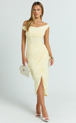 Aidia Midi Dress - Off Shoulder Draped Corset Dress in Lemon