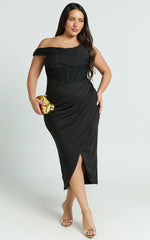 Aidia Midi Dress - Off Shoulder Draped Corset Dress in Black