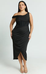 Aidia Midi Dress - Off Shoulder Draped Corset Dress in Black